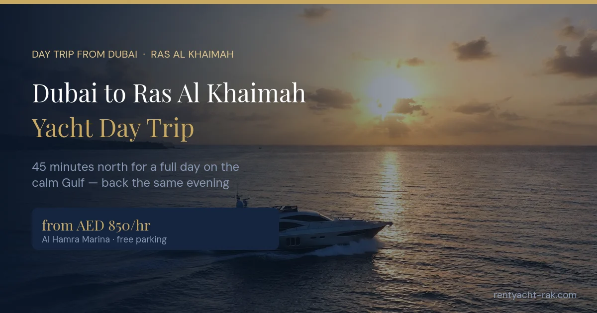 Yacht cruising into the sunset on the Arabian Gulf — a day trip from Dubai to Ras Al Khaimah