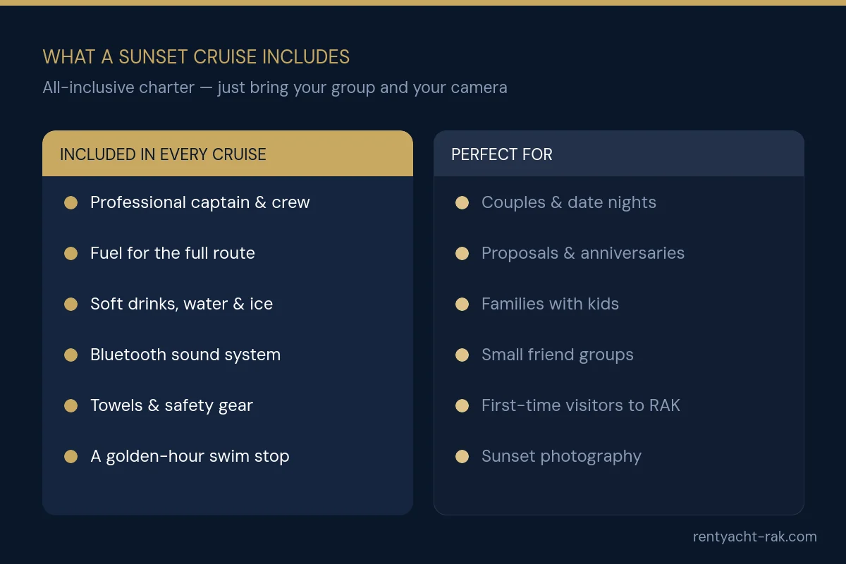 What a Ras Al Khaimah sunset cruise includes and who it suits: couples, proposals, families and small groups