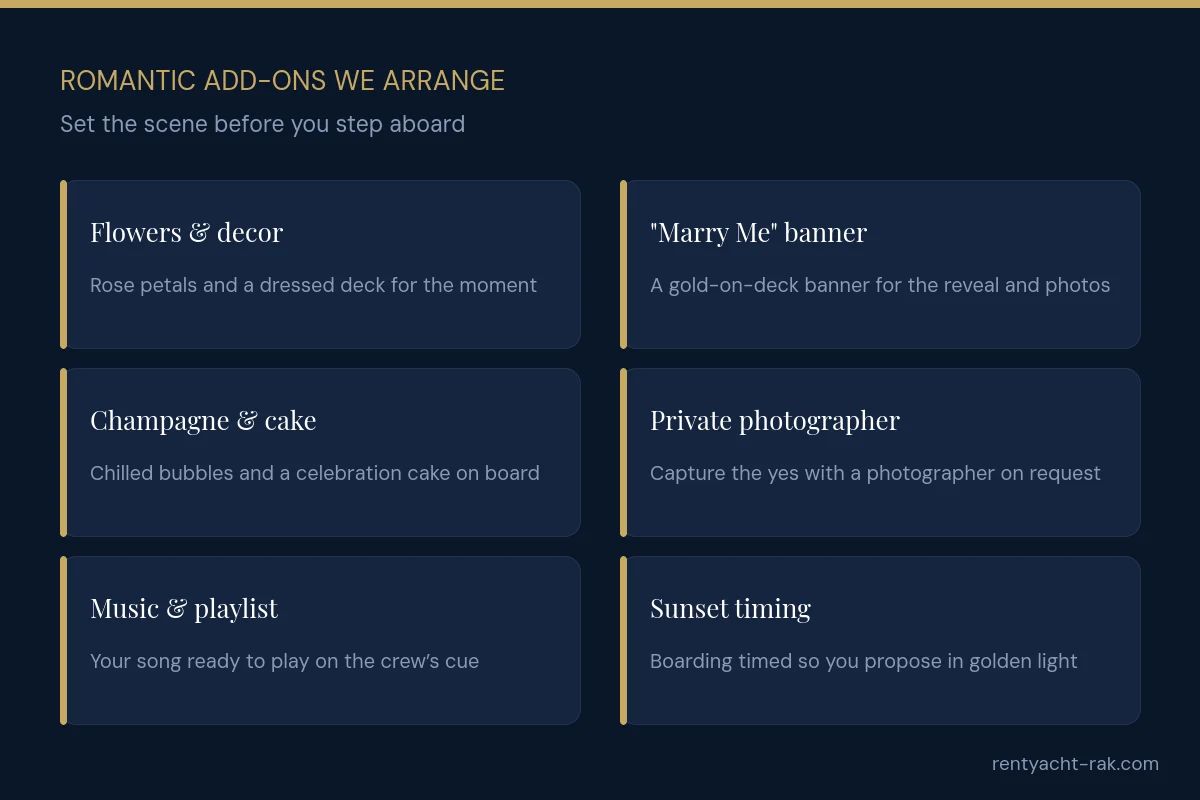Romantic yacht proposal add-ons in Ras Al Khaimah: flowers and decor, Marry Me banner, champagne and cake, private photographer, music and sunset timing