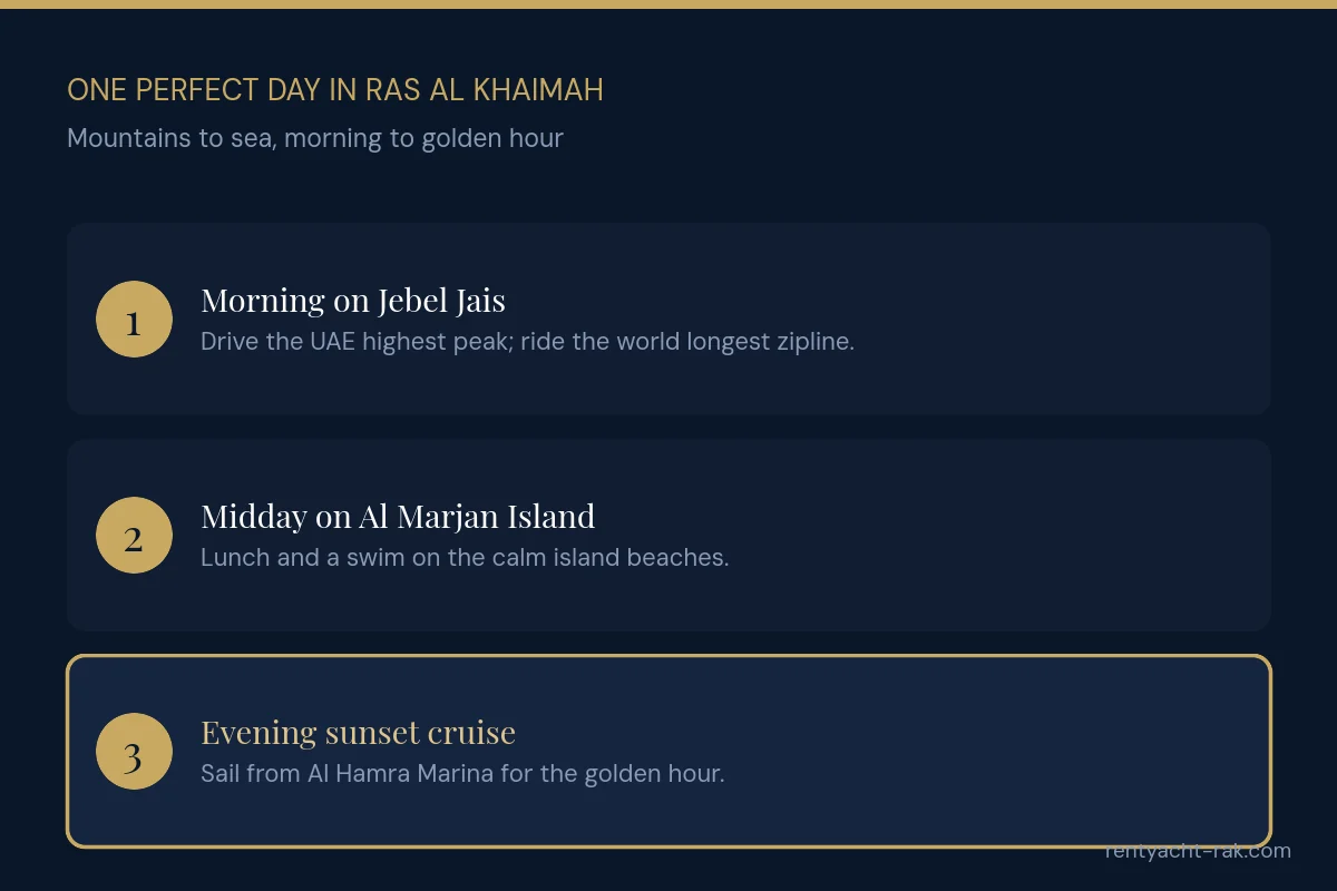 One perfect day in Ras Al Khaimah: Jebel Jais in the morning, Al Marjan Island beach at midday, a sunset cruise in the evening