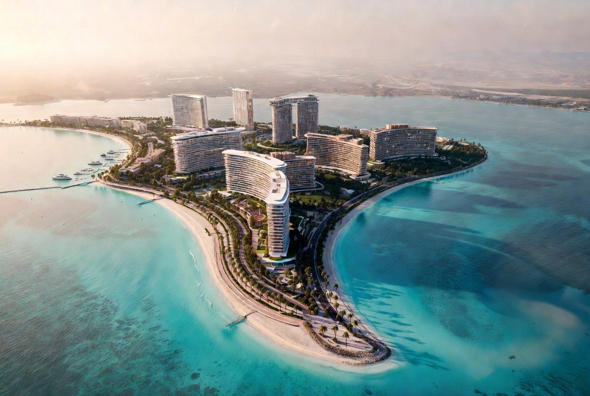 Wynn Al Marjan Island resort aerial view — luxury casino resort on Marjan Island, Ras Al Khaimah, opening 2027
