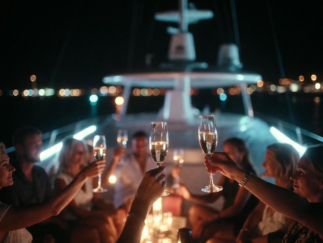 Birthday party celebration on a luxury yacht in Ras Al Khaimah with LED lights and BBQ setup
